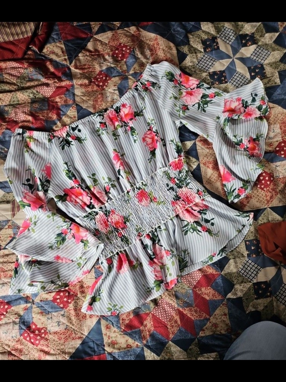 Timing Off-Shoulder Floral Smocked Peplum Top - White with Pink Floral